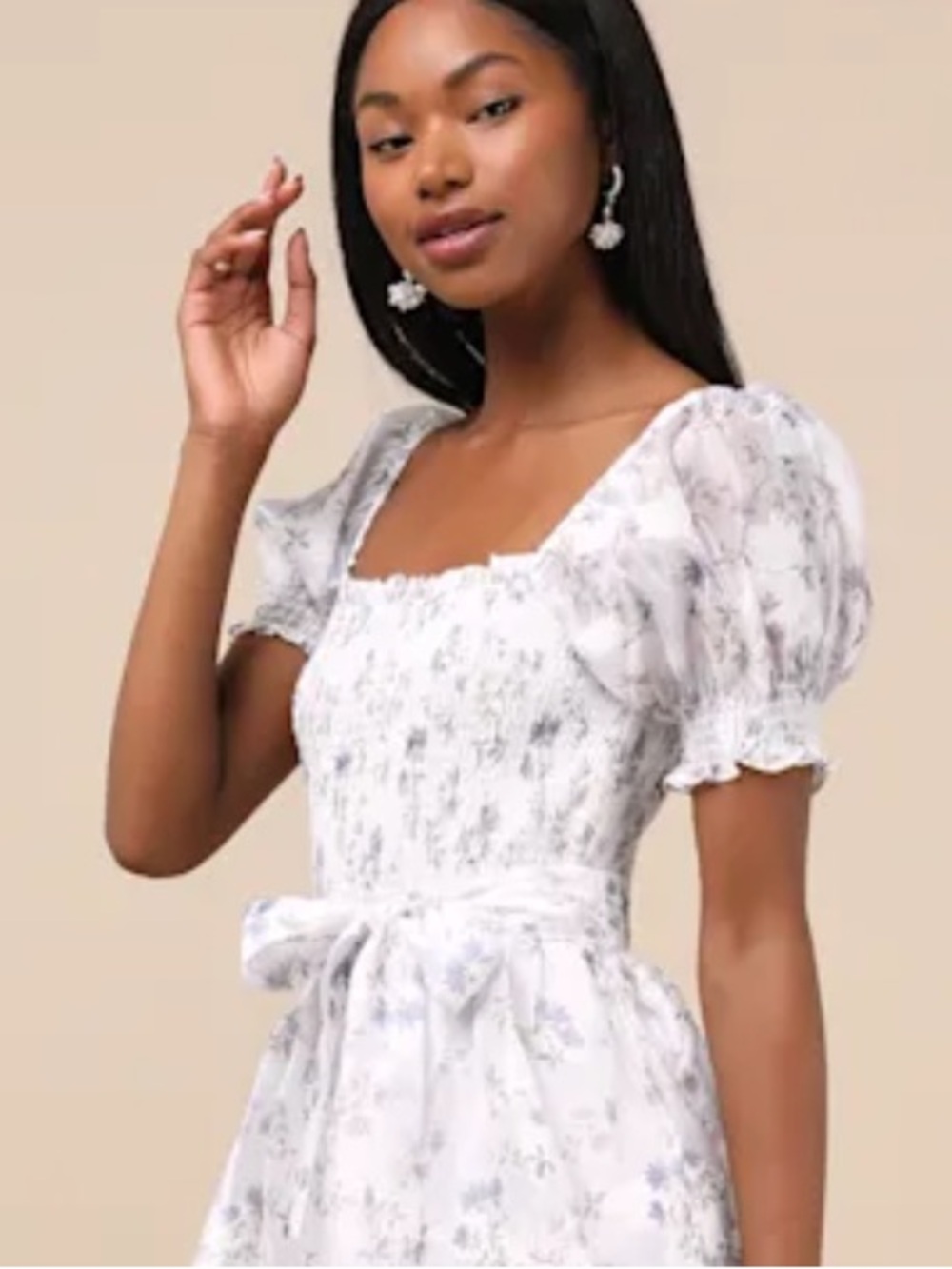 New Lulus Darling Posture White Floral Tiered Midi Dress with Puff Sleeves Sz XS - Picture 6 of 8